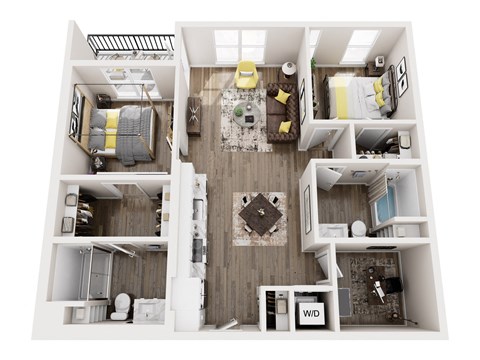 A top down view of a small apartment with a kitchen, living room, and two bedrooms.